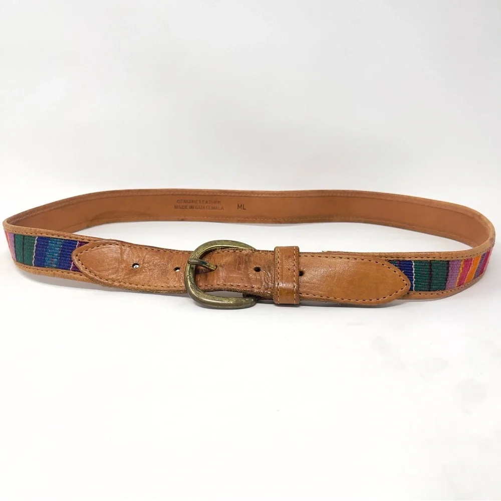 Vintage Guatemalan Leather Belt, Colorful‎ Woven Stripe, Brass Buckle Boho